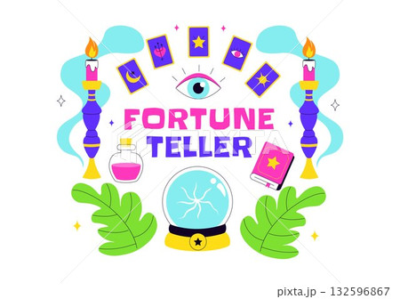 Fortune Teller Vector Illustration with Crystal Ball, Magic Book, and Tarot Cards for Predicting Destiny and Telling the Future in a Flat Background Fortune Teller Vector Illustration with Crystal Ball, Magic Book, and Tarot Cards for Predicting Destiny and Telling the Future in a Flat Background 132596867