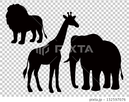 長頸鹿、獅子和大象的剪影插圖 長頸鹿、獅子和大象的剪影插圖 132597076