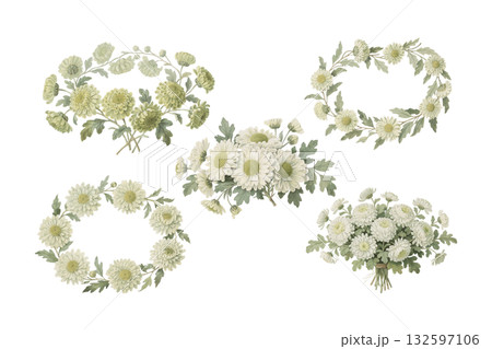 水彩・アンティーク風 白菊のイラスト5点セット　AI 132597106