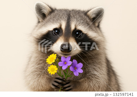 Adorable raccoon holding colorful wildflowers with bright yellow and purple petals against a soft neutral background, AI Generative Adorable raccoon holding colorful wildflowers with bright yellow and purple petals against a soft neutral background, AI Generative 132597141