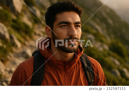 Young man hiking along a rocky mountain trail at sunrise, wearing an orange jacket and carrying a backpack, looking determined, AI Generative 132597151