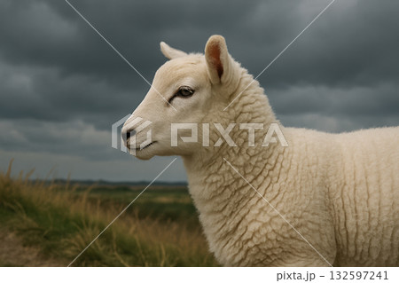 White lamb standing outdoors on grassy hillside beneath cloudy sky, displaying thick wool and calm expression in natural environment, AI Generative 132597241