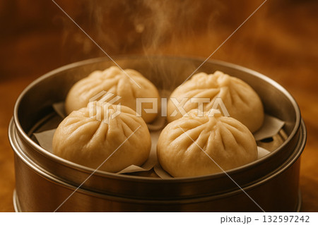 Freshly steamed chinese baozi buns in bamboo basket with visible steam rising, traditional asian cuisine on warm wooden background, AI Generative Freshly steamed chinese baozi buns in bamboo basket with visible steam rising, traditional asian cuisine on warm wooden background, AI Generative 132597242