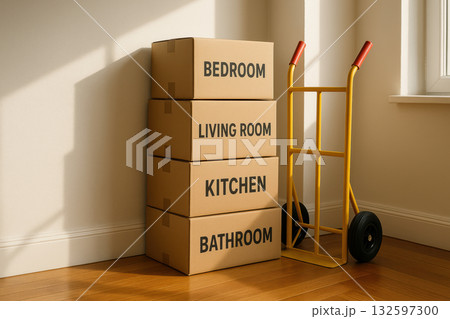 Cardboard moving boxes labeled by room stacked beside a yellow hand truck in a bright residential space with hardwood floors, AI Generative 132597300