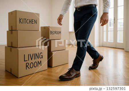 Man walking in modern apartment with labeled cardboard moving boxes for kitchen, bedroom, and living room organization, AI Generative 132597301