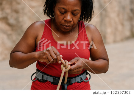 Focused adult climber in red tank top tying a rope knot while preparing for an outdoor adventure on rocky terrain, AI Generative 132597302
