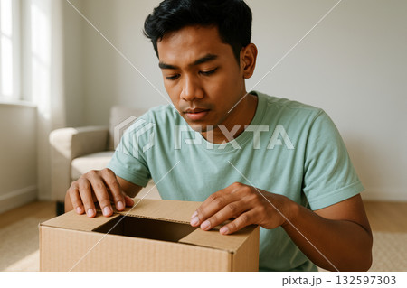 Young man in casual clothing opening a cardboard box in bright living room, focused and thoughtful during unboxing process, AI Generative 132597303