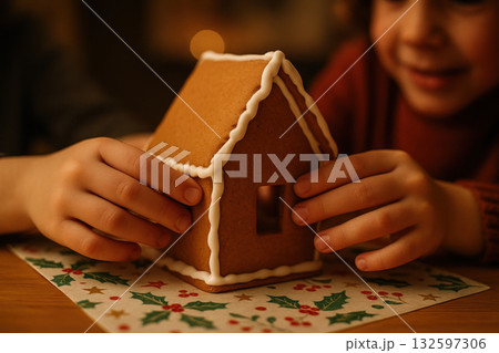 Children building a gingerbread house together with icing on a festive table decorated with holly patterned paper, AI Generative Children building a gingerbread house together with icing on a festive table decorated with holly patterned paper, AI Generative 132597306