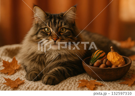 Fluffy tabby cat lying on cozy blanket with autumn leaves and small decorative gourds in warm indoor setting, AI Generative 132597310