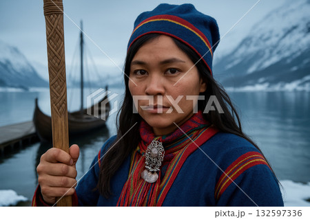 Indigenous woman in traditional attire stands by a wooden boat on a fjord, surrounded by snowy mountains and calm waters, AI Generative 132597336