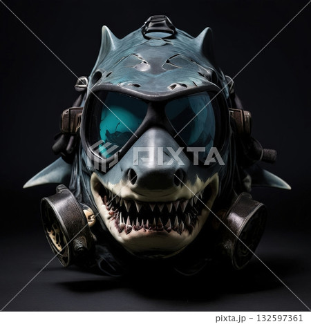 an AI Image Generator, Shark Mask With Diving Goggles And Gas Mask In Dark Studio Lighting, Futuristic Steampunk Style an AI Image Generator, Shark Mask With Diving Goggles And Gas Mask In Dark Studio Lighting, Futuristic Steampunk Style 132597361