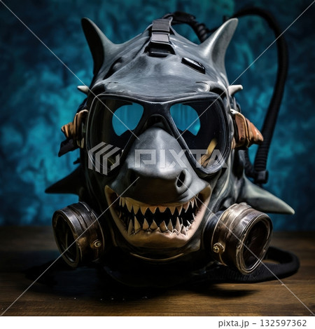 an AI Image Generator, Shark Mask With Diving Goggles And Gas Mask In Dark Studio Lighting, Futuristic Steampunk Style 132597362