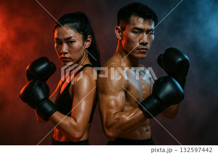 Determined male and female boxers in fighting stance back to back, wearing gloves, ready for intense competition in dramatic lighting, AI Generative 132597442