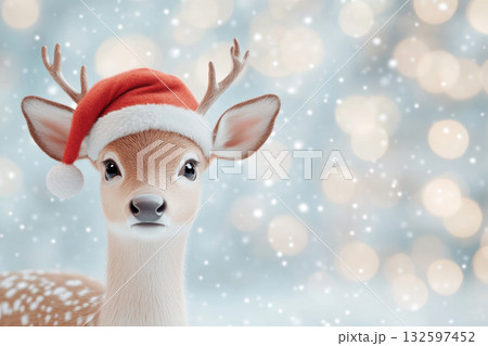 Adorable young deer wearing a festive santa hat surrounded by soft falling snow and sparkling winter holiday lights, AI Generative Adorable young deer wearing a festive santa hat surrounded by soft falling snow and sparkling winter holiday lights, AI Generative 132597452