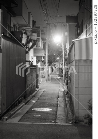 モノクロで撮影した夜間の住宅街の路地 132597528