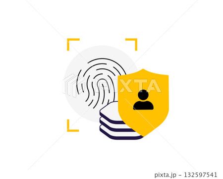 Biometric data protection secures sensitive fingerprint records, personal identity information with layered encryption for GDPR-compliant privacy. Biometric data fraud prevention vector illustration 132597541