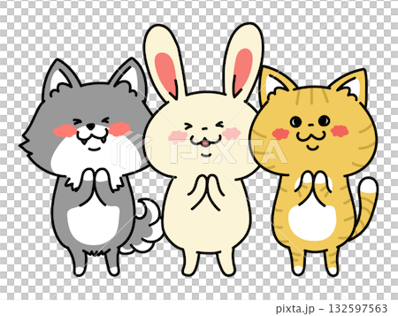 狗、貓和兔子三人手牽手 132597563