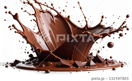 濃厚なチョコレートが飛び散るダイナミックな瞬間：白背景のホットショコラ・スプラッシュ 132597803