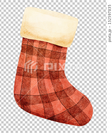 Watercolor Plaid Christmas Stocking Illustration 132597835