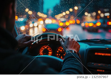 A man is driving a car in a city at night 132597907