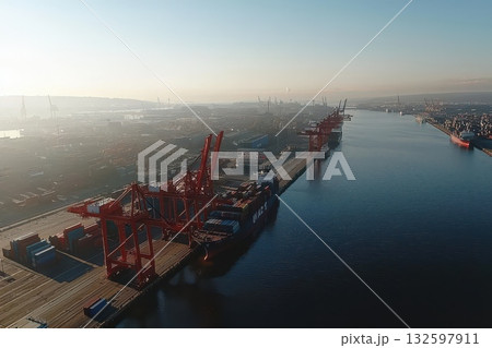 A large red crane is seen in the distance over a body of water 132597911