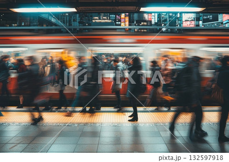 A blurry image of a train station with a large crowd of people waiting to board 132597918