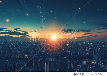 Vibrant Cityscape at Sunset with Starburst Effect and Glowing Skyline Over Urban Landscape 132597928