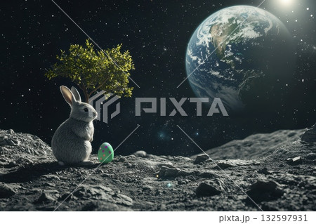 Cute Bunny on a Moon Surface with Egg and Tree Against a Starry Earth Background Cute Bunny on a Moon Surface with Egg and Tree Against a Starry Earth Background 132597931