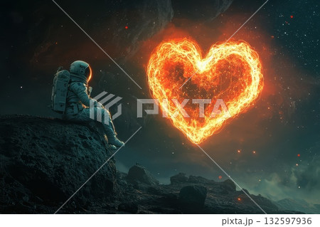 Astronaut Seated on Asteroid with Fiery Heart Shape in Cosmic Background at Night Astronaut Seated on Asteroid with Fiery Heart Shape in Cosmic Background at Night 132597936