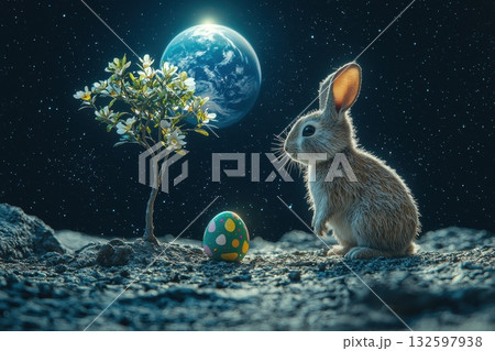 Charming Rabbit on Moon with Tree and Colorful Egg Under Earth in Starry Night Sky Charming Rabbit on Moon with Tree and Colorful Egg Under Earth in Starry Night Sky 132597938