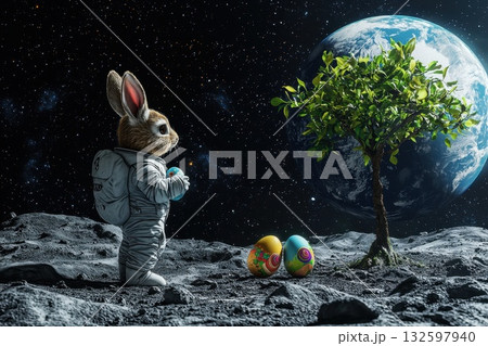 Astronaut Rabbit on Moon with Colorful Easter Eggs and Earth in the Background Astronaut Rabbit on Moon with Colorful Easter Eggs and Earth in the Background 132597940