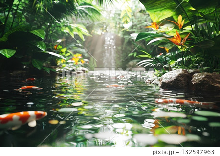 Serene Tropical Oasis with Colorful Koi Fish Surrounded by Lush Greenery and Waterfall 132597963