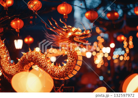 Majestic Golden Dragon Sculpture Surrounded by Red Lanterns in a Festive Outdoor Setting 132597972