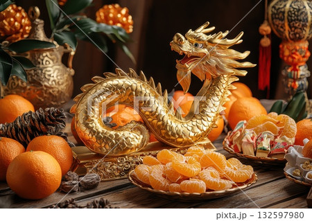 Golden Dragon Statue Surrounded by Oranges and Festive Decorations for Celebrations Golden Dragon Statue Surrounded by Oranges and Festive Decorations for Celebrations 132597980