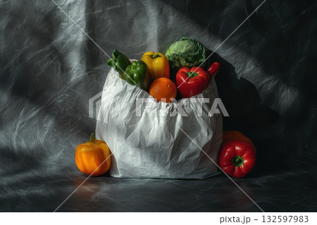 Fresh Colorful Vegetables in a Crumpled White Bag on a Dark Textured Background 132597983