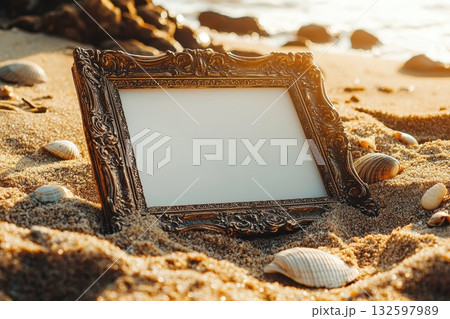 Ornate Empty Frame on Sandy Beach Surrounded by Seashells and Ocean Waves at Sunset Ornate Empty Frame on Sandy Beach Surrounded by Seashells and Ocean Waves at Sunset 132597989