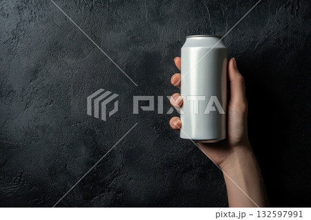 Hand Holding Glossy Clean Product Against Dark Background for Showcase Photography 132597991