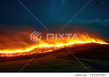 Majestic Night Landscape with Vibrant Flames Illuminating the Dark Sky and Stars Above 132597997