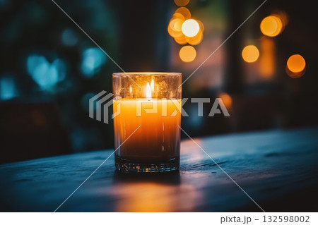 A candle is lit in a glass on a table A candle is lit in a glass on a table 132598002