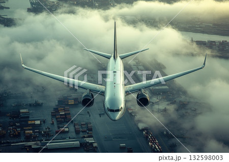 Aerial view of aircraft flying above clouds near shipping containers in port during sunset 132598003