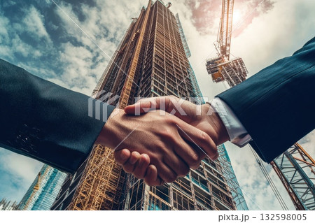 Two men shaking hands in front of a large building Two men shaking hands in front of a large building 132598005