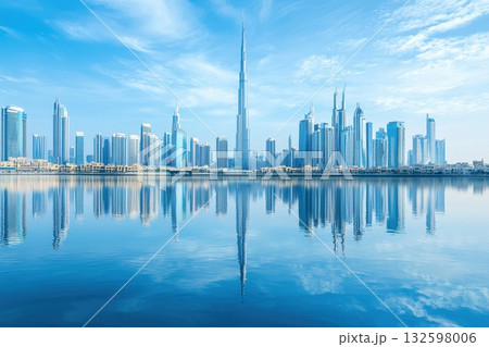 A city skyline is reflected in the water A city skyline is reflected in the water 132598006