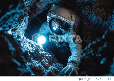 A man in a space suit is exploring a cave A man in a space suit is exploring a cave 132598031