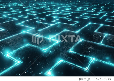 Futuristic Neon Maze with Glowing Circuit Patterns in Abstract Digital Space Exploration 132598055
