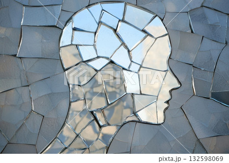 Abstract Silhouette of a Human Head Created from Fragmented Mirrored Pieces 132598069