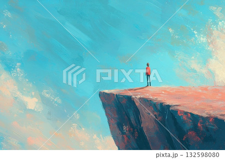 Person Standing Alone on Rocky Edge Overlooking Vast Blue Sky Above Dramatic Landscape 132598080