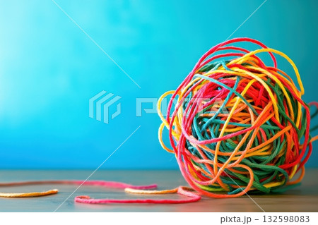 Colorful Yarn Ball on Wooden Surface with Soft Blue Background and Natural Light Effects Colorful Yarn Ball on Wooden Surface with Soft Blue Background and Natural Light Effects 132598083