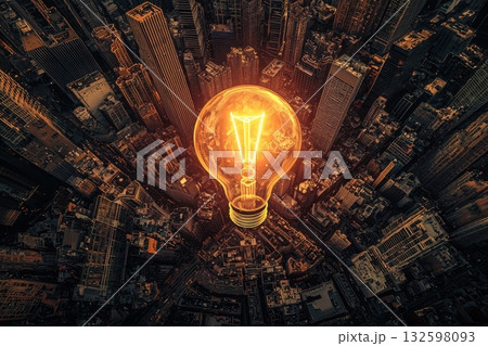 Aerial View of Urban Cityscape with Giant Light Bulb Symbolizing Innovation and Ideas Aerial View of Urban Cityscape with Giant Light Bulb Symbolizing Innovation and Ideas 132598093