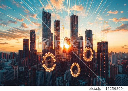 Urban Skyline with Creative Digital Overlay of Gear Symbols and Sunset Glow in Cityscape 132598094