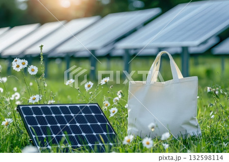 Conceptual Image of Solar Panel with White Tote Bag in Nature Setting 132598114